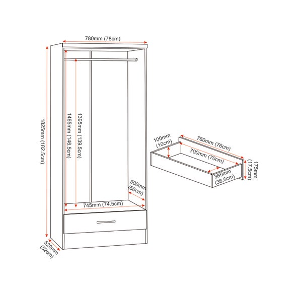 Nevada Double 1 Drawer Wardrobe, product image 9